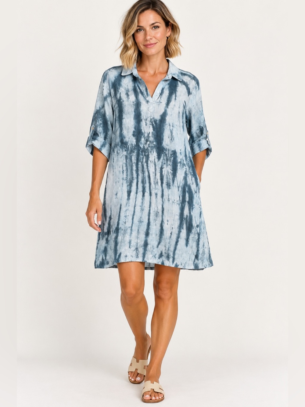 Pure Amici 100% Linen Tie Dye Tunic Dress XS Blue Gray 3/4 Sleeve